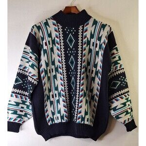 Vtg CLIFTON PLACE Hand Knit Fair Isle Nordic Fisherman Sweater Sz L Made In USA